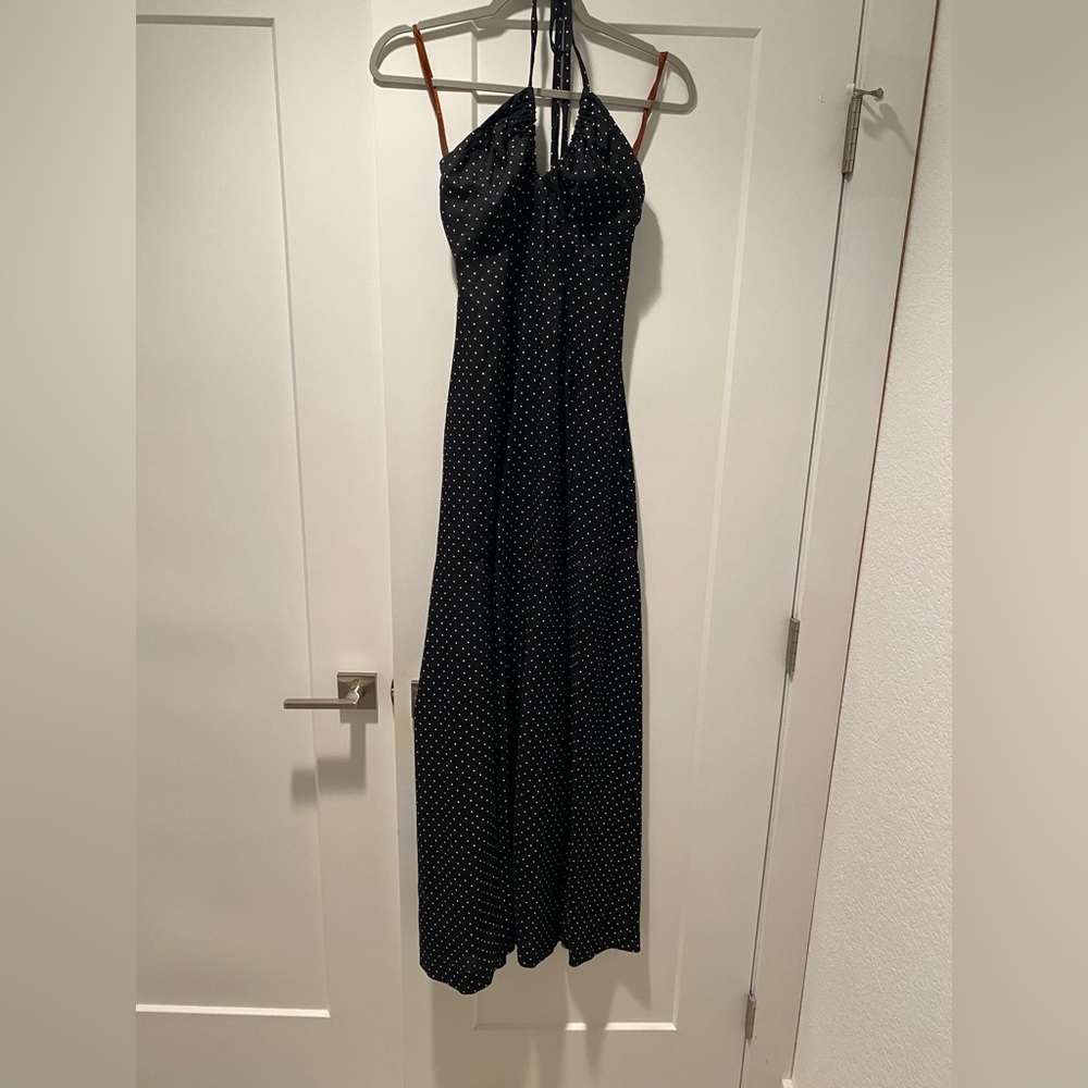 Vintage 1974 Evening Gown. Black crepe fabric/ small white dots. Halter top. Sm